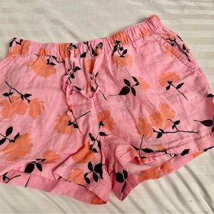Cynthia Rowley Linen Floral Shorts Pink Orange Drawstring Elastic Waist Pockets